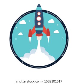 
Picture of rocket flying above clouds, business startup banner concept, flat style illustration