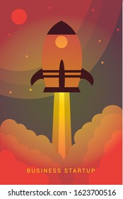 Picture of rocket flying above clouds, business startup banner concept, flat style illustration