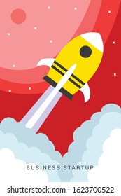 Picture of rocket flying above clouds, business startup banner concept, flat style illustration