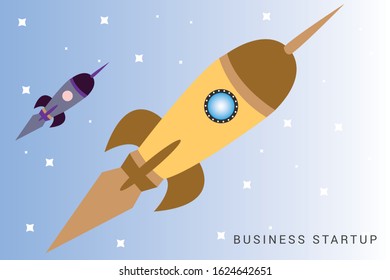 Picture of rocket flying above clouds, business startup banner concept, flat style illustration