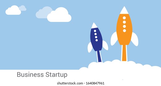 Picture of rocket flying above clouds, business startup banner concept
