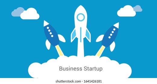 Picture of rocket flying above clouds, business startup banner concept