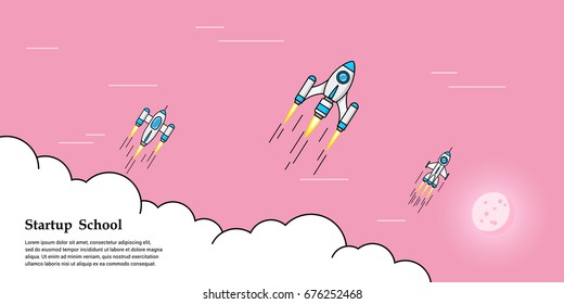 Picture of rocket flying above clouds, business startup banner concept, flat style illustration