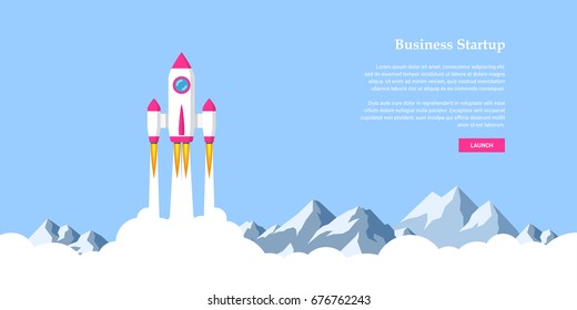 Picture of rocket flying above clouds, business startup banner concept, flat style illustration