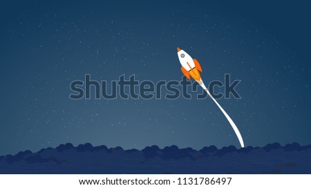 Picture of rocket flying above clouds, concept of taking risk, fearless, daring, courage succes, pass the limits. Business startup banner concept, flat style illustration. 