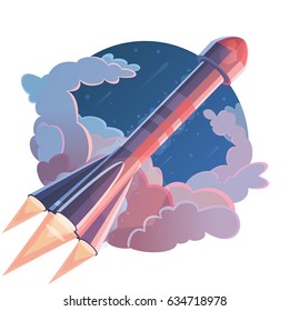 Picture of rocket launch blasting off through clouds, technology & progress, flying to mars, modern vector flat style illustration.