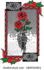 a picture of a rose flower holding the same hand, a skull in red and black, a gray color blend of white background