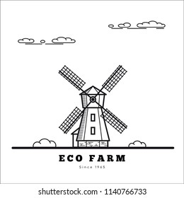 Picture of rural landscape with windmill. Eco farm concept. Flat style line art illustration