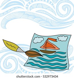 Picture of sailboat and sea. Vector illustration.