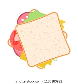 Picture of a sandwich with sausage, cheese, salad and tomatoes. Vector illustration on white background