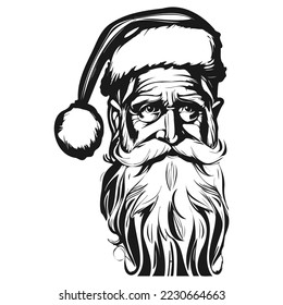 picture of santa claus face hand drawn vector black and white clip art
