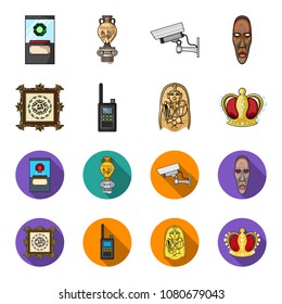 Picture, sarcophagus of the pharaoh, walkie-talkie, crown. Museum set collection icons in cartoon,flat style vector symbol stock illustration web.