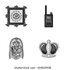 Picture, sarcophagus of the pharaoh, walkie-talkie, crown. Museum set collection icons in monochrome style vector symbol stock illustration web.