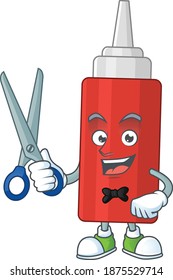 A picture of sauce bottle Barber cartoon character working with scissor. Vector illustration