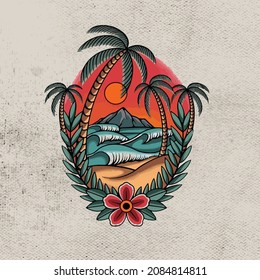 picture of scenery on the beach with coconut trees framed red rose tattoo design