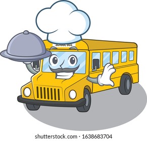 A picture of school bus as a Chef serving food on tray