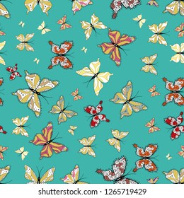 Picture for Scrapbooking. Art butterflies on blue, yellow and white colors. Seamless background of colorful butterflies. Vector illustration.