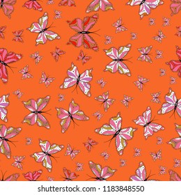 Picture for Scrapbooking. Seamless background of colorful butterflies. Art butterflies on orange, pink and white colors. Vector illustration.