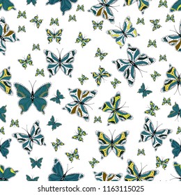Picture for Scrapbooking. Vector illustration. Seamless background of colorful butterflies. Art butterflies on white, blue and black colors.