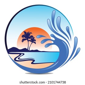 Picture of sea waves, the back is a beach, mountains and coconut trees, sun