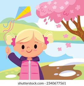 Picture with season of the year. Girl spares time outside. Landscape with tree and river. Spring background.