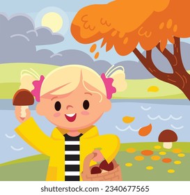 Picture with season of the year. Girl spares time outside. Landscape with tree and river. Autumn background.