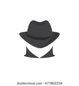 Picture Of A Secret Agent. Spy Logo. Silhouette Of A Unknown Man In A Hat. Incognito. Computer Hacker On A White Background