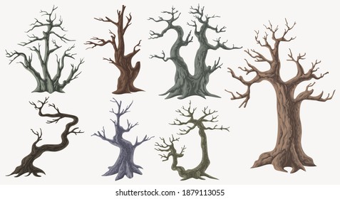 Picture set of big trees without leaves ,Dead tree , White background, vector illustration