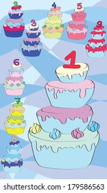 Picture set birthday cakes with numbers from one to nine in pretty colors