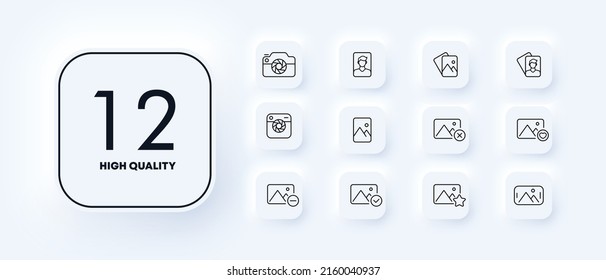 Picture set icon. Camera, gallery, photo, lens, portrait, landscape, filming, photographer, etc. Image concept. Neomorphism style. Vector line icon for Business and Advertising