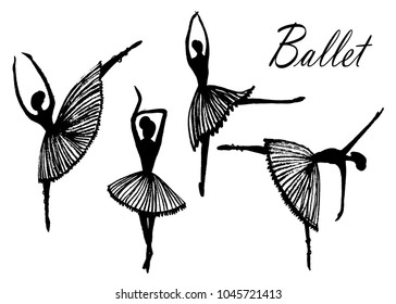 picture set of images, four silhouette figures of dancing ballet dancers, sketch, hand-drawn vector illustration