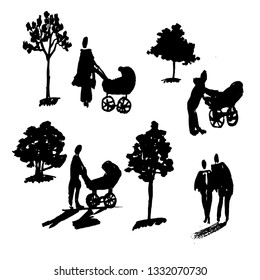 picture set of isolated elements, people walk in the park among the trees, sketch by hand drawn ink vector illustration