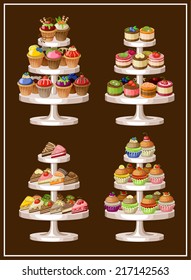 Picture of a set of sweets on plates. vector illustration