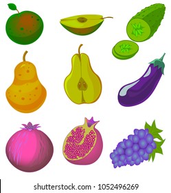 Picture of several fruits and vegetables. Among them there is a cucumber, an apple, a pear, a pomegranate, grapes and an eggplant.