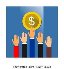 a picture of several hands grabbing a coin on it