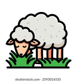 The picture of a sheep that is eating grass, sheep icon, sheep logo, vector design illustration with a white background.