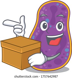 An picture of shigella sp. bacteria cartoon design concept holding a box