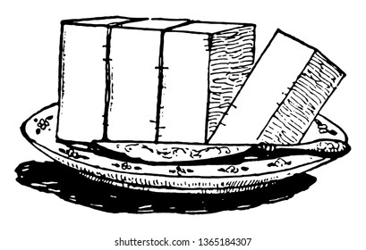 A picture showing a block, this block divided in four equal parts and fourths block is cut, vintage line drawing or engraving illustration.