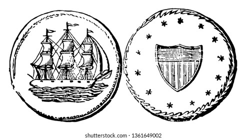 A picture is showing Copper Cent Coin, 1659. This is the 1 cent. This coin is showing an image of right facing sailing ship and its reverse shows a shield with surrounded 13 stars, vintage