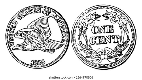 A picture is showing Copper-Nickel Cent Coin, 1856. Obverse shows the flying eagle, with inscribed - UNITED STATES OF AMERICA, 1856. Reverse show the value in middle of coin, vintage line drawing