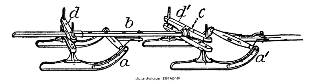 Picture showing different parts of Bobsled like four runner sled, steering pulley, steering axe, brake etc., vintage line drawing or engraving illustration.