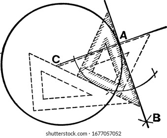 A picture showing the Draftsman's method to draw a tangent, AB, to a circle, vintage line drawing or engraving illustration.