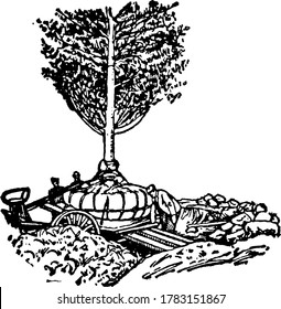 Picture showing a machine removing tree from its roots, vintage line drawing or engraving illustration.