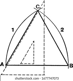 A picture showing the method to construct an isosceles triangle, a triangle that has two side of equal length, vintage line drawing or engraving illustration.