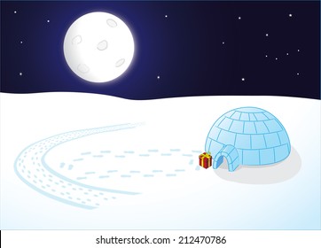 picture showing a present in front of igloo. Beside it are traces in snow explaining who left a present there. 