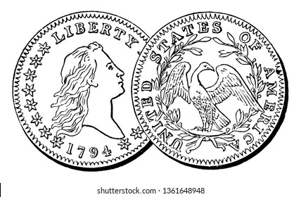 A picture is showing Silver Half Dollar Coin, 1794. Its value is 50 cents. It shows right-facing head image of lady and reverse side shows eagle with surrounded branch, vintage line drawing