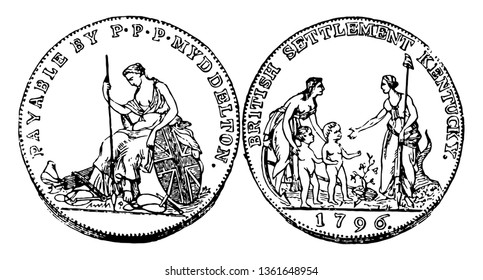 A picture is showing Silver Kentucky Issue Coin, 1796. This is the Kentucky State coin. This shows a female sitting with the spear and shield. Reverse side shows a group of 4 figures in ground vintage