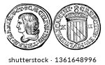 A picture is showing Silver Maryland XII Pence Coin, 1659. These coins are showing the image of Lord Baltimore and reverse side shows Baltimore family shield, vintage line drawing or engraving