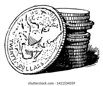 A Picture Showing A Stack Of Double Eagle Coins. This Is A Gold Coin Of America. The Price Of This Coin Is $ 20, Vintage Line Drawing Or Engraving Illustration.