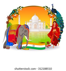 The picture are shown landmarks of India: architecture, Indian dancing, peacock and elephant.